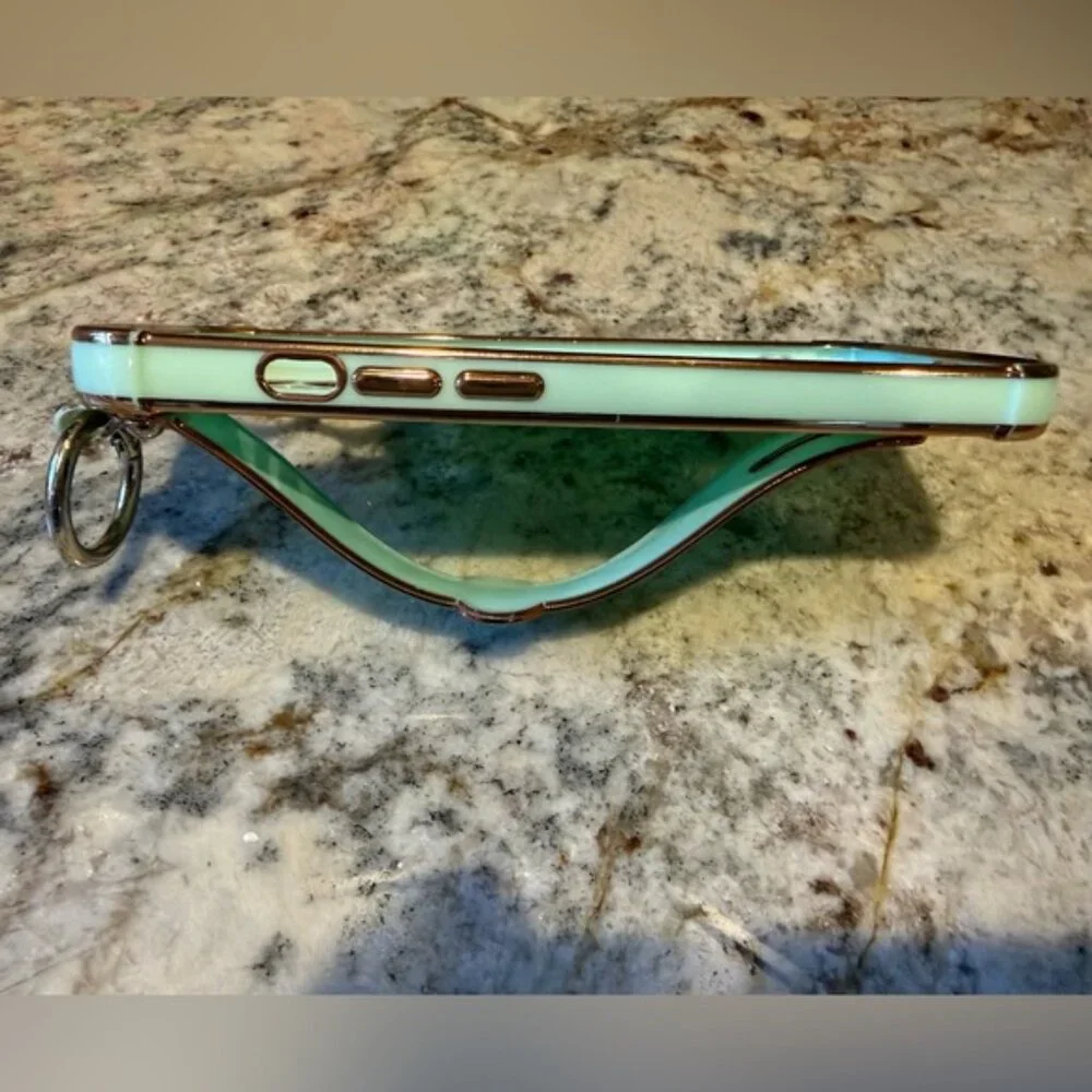 iPhone 13 Pro Mint Green & Gold Heart Phone Case with stand and ring attachments - Picture 9 of 9